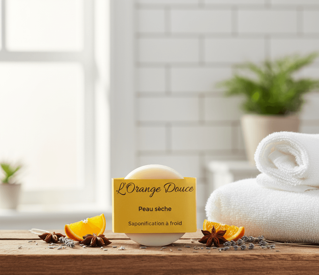 Savon naturel L'Orange Douce, saponifié à froid pour peau sèche