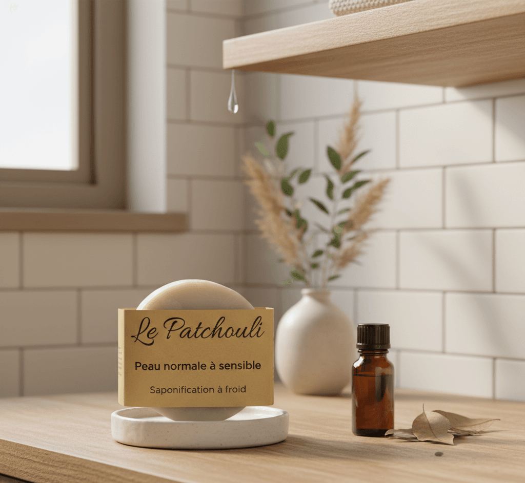 Savon artisanal naturel Le Patchouli posé sur bois brut, fabrication écologique française